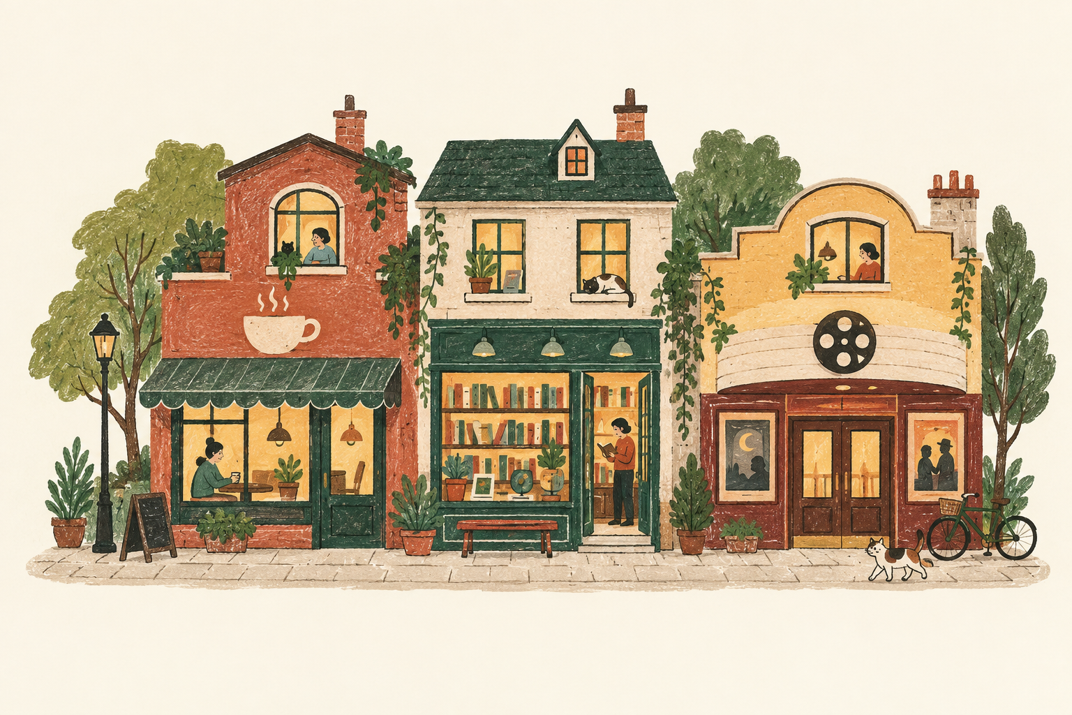 A little illustrated street: a coffee shop, a bookshop, and a cinema, with plants and quietly occupied windows.
